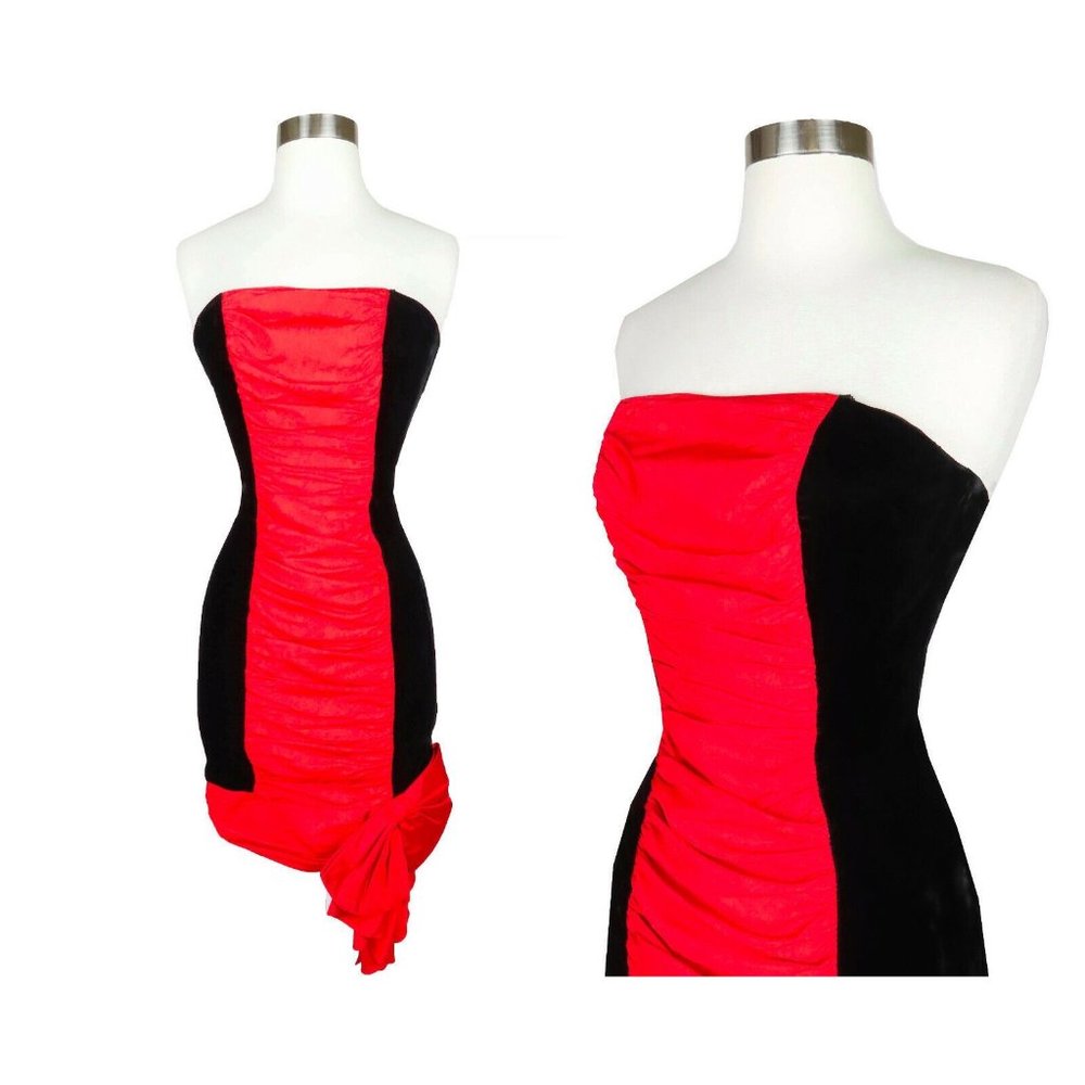 Vintage 80s 90s Strapless Black Velvet Red Prom Cocktail Party Dress XS BOW Glam
